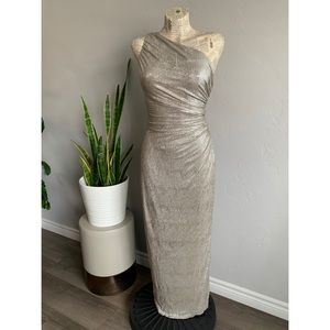 Metallic one shoulder evening dress